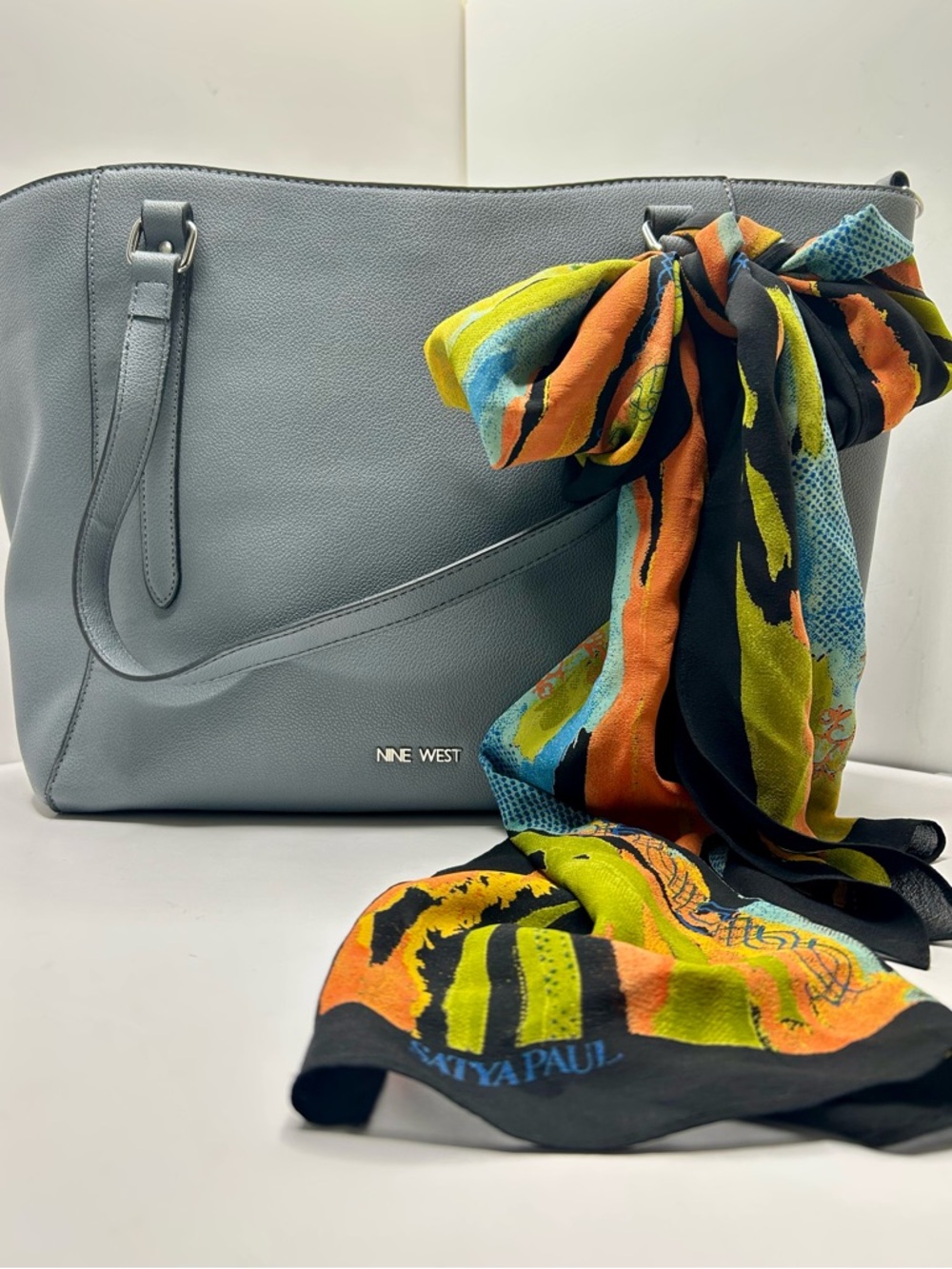 Stunning Nine West Slate Grey Tote & Satya Paul 100% Silk Scarf Set